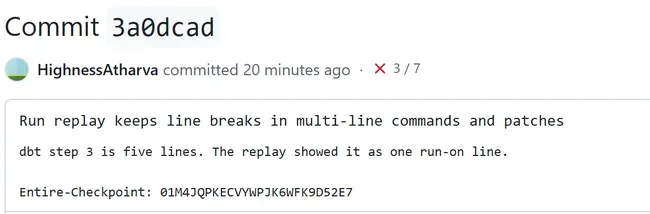 GitHub commit 3a0dcad whose message ends with an Entire-Checkpoint ID